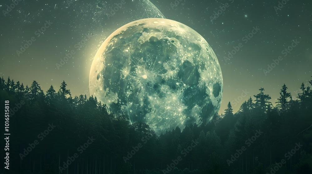 Exaggerated Giant Moon Looming Over Enchanting Forested Landscape at Night with Dramatic Celestial Atmosphere Exaggerated Giant Moon Looming Over Enchanting Forested Landscape at Night with Dramatic Celestial Atmosphere