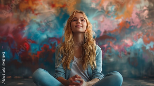 Beautiful Young Woman With Flowing Hair in a Cosmic Cloud of Colors During a Dreamy Night