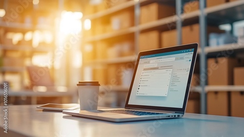 Wallpaper Mural Sunlit Modern Workspace with Laptop and Coffee Cup in Warehouse Setting Torontodigital.ca