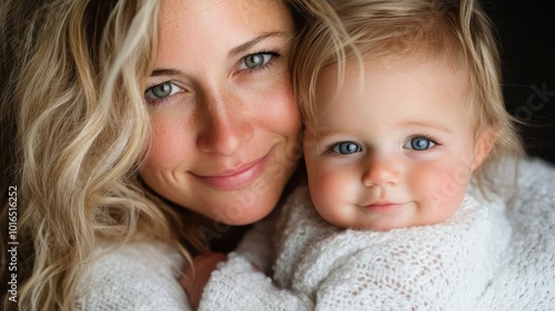 A heartwarming scene of a mother and her baby embracing while wearing cozy knitted sweaters, capturing a loving moment of tranquility and familial bonding indoors.