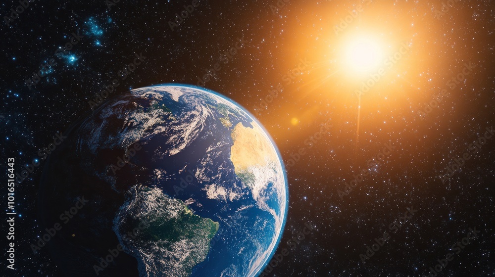 Fototapeta premium Earth seen from space with the sun shining brightly in the background.