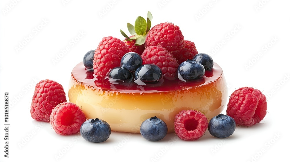 Close-up of smooth megarnished with vibrant raspberries, blueberries, and strawberries, isolated on a clean white background. Ideal for dessert-themed marketing. Close-up of smooth megarnished with vibrant raspberries, blueberries, and strawberries, isolated on a clean white background. Ideal for dessert-themed marketing.