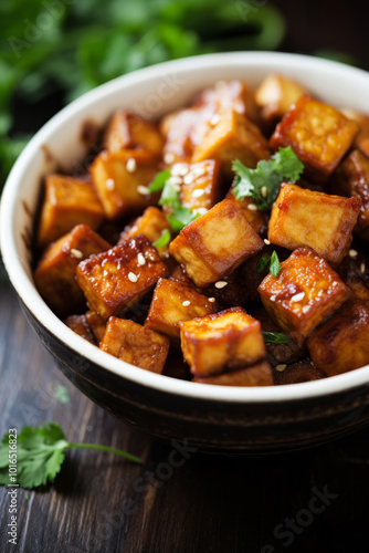 Crispy roasted tofu in a bowl topped with green herbs, roasted in the oven or fried in a skillet