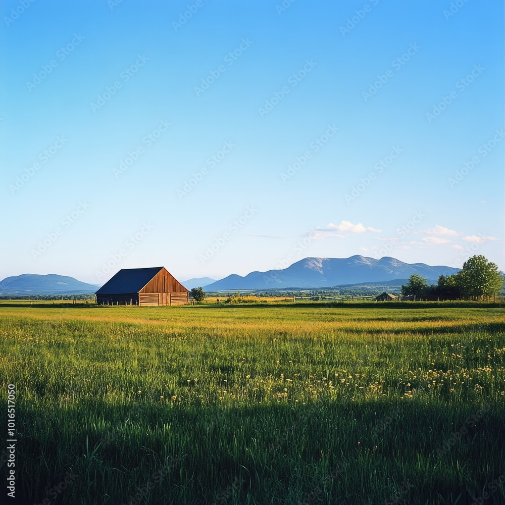 A serene countryside scene featuring a green field, a small barn, and mountains in the distance under a clear blue sky A serene countryside scene featuring a green field, a small barn, and mountains in the distance under a clear blue sky