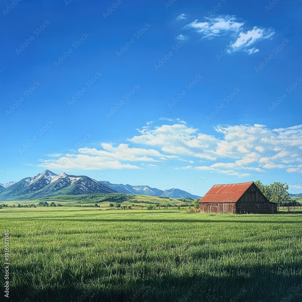 A serene countryside scene featuring a green field, a small barn, and mountains in the distance under a clear blue sky
