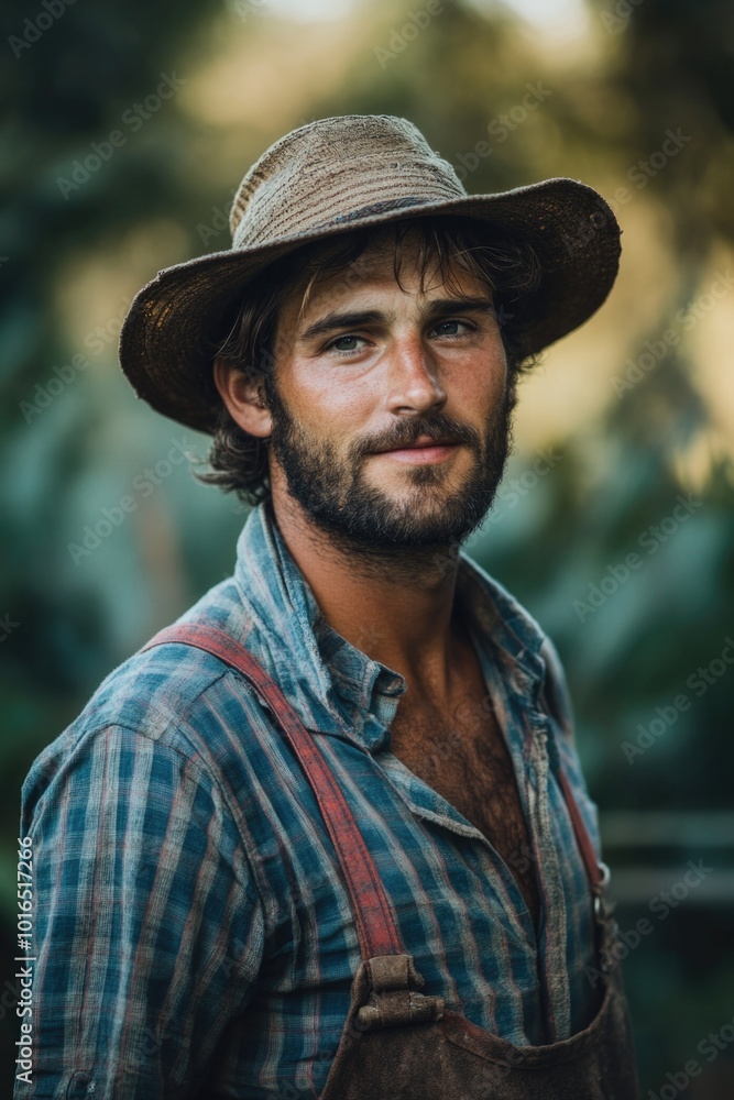 A person wearing a hat and overalls posing for a photo shoot or possibly working on a project. A person wearing a hat and overalls posing for a photo shoot or possibly working on a project.