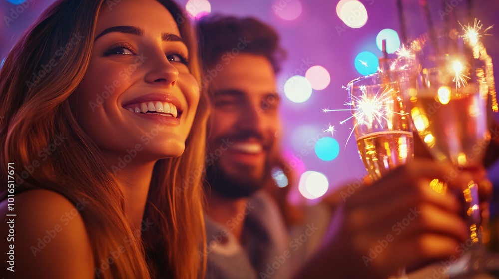 Two Friends Celebrating a Joyful New Year with Sparklers and Champagne Two Friends Celebrating a Joyful New Year with Sparklers and Champagne