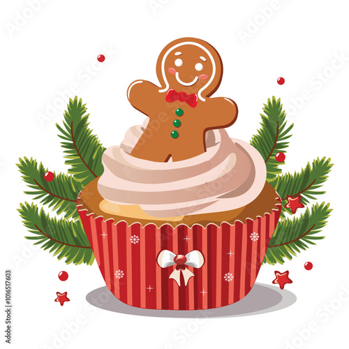 Delicious Gingerbread Cupcake and Fir Leaves on White Background for Merry Christmas Festival.
