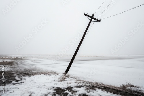 A solitary telephone pole standing in a winter landscape, surrounded by snow. photo