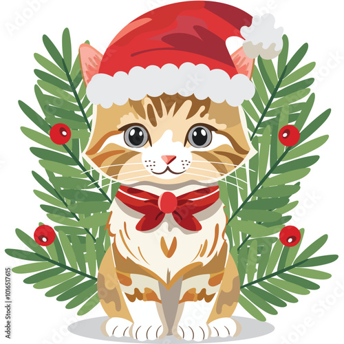 Cartoon Character of Cute Cat Wearing Santa Hat and Fir Leaves on White Background for Merry Christmas Festival.