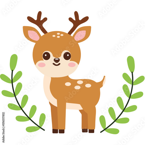 Cute Cartoon Reindeer Calf Character and Leaves on White Background.