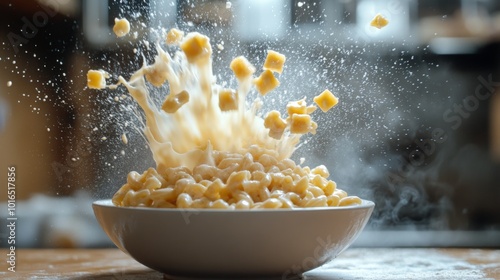 Macaroni and Cheese Exploding in a White Bowl photo