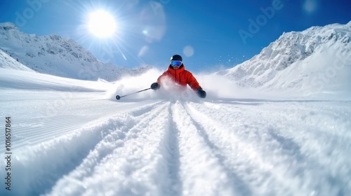 A skier in red apparel glides down a pristine slope at high speed, with crisp, clear blue skies and a brilliant sun overhead, capturing the essence of winter sports.