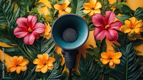 environmental activism elegantly featuring loudspeaker interwoven,vibrant floral elements blooming flowers and lush leaves symbolize nature s voice echoing through the megaphone.create by F.a photo