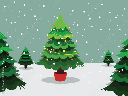 Merry christmas celebration with beautiful decorative christmas trees in snowfall landscape vector illustration.