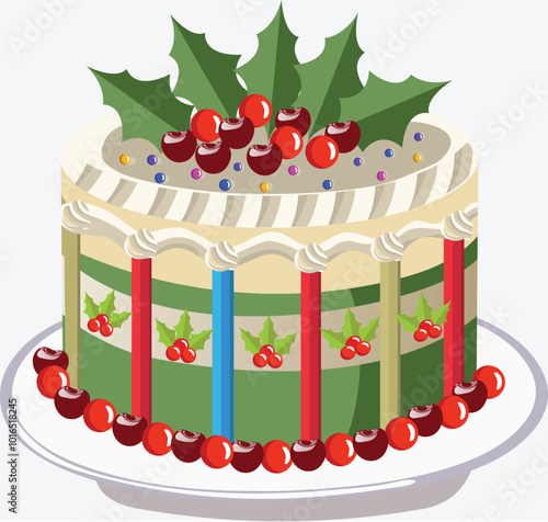 Decorative Holly Berry Cake Served on Plate for Merry Christmas Celebration.