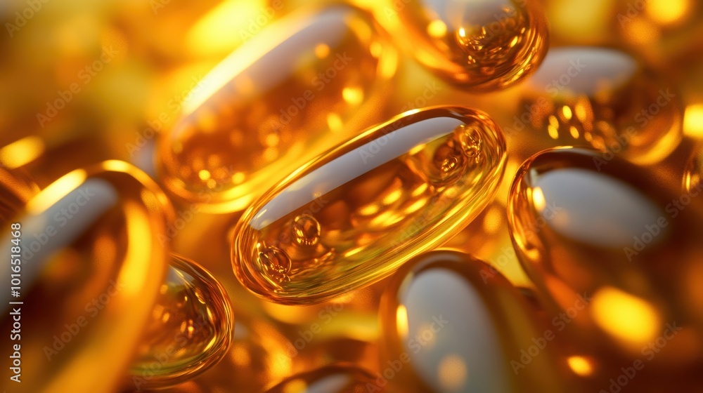 Close-up of shiny golden capsules, ideal for health and wellness themes, white background. Close-up of shiny golden capsules, ideal for health and wellness themes, white background.