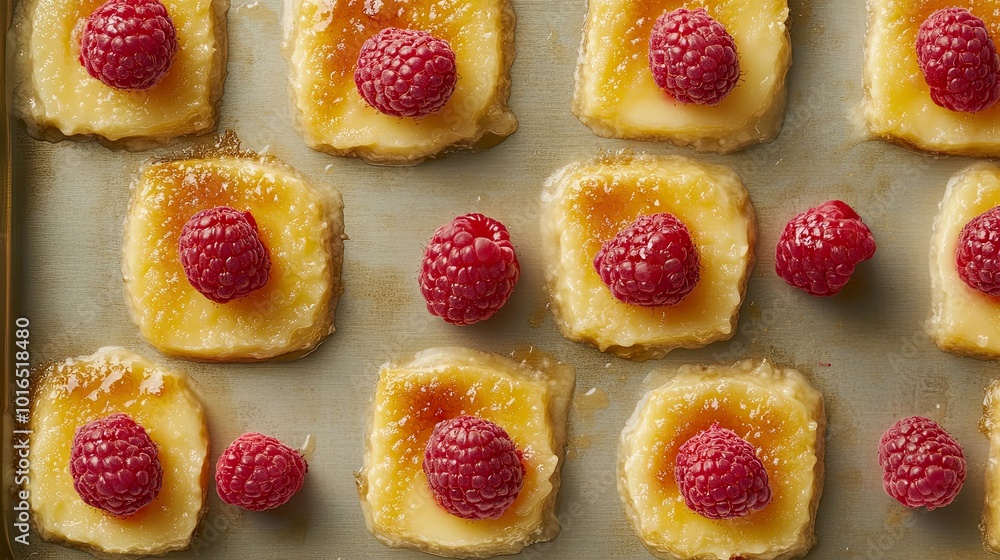 Delicious topped with fresh raspberries, elegantly arranged on a light baking sheet. The layout provides ample space for your caption or branding, perfect for dessert visuals. Delicious topped with fresh raspberries, elegantly arranged on a light baking sheet. The layout provides ample space for your caption or branding, perfect for dessert visuals.