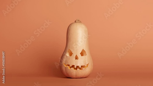 halloween pumpkin jack o lantern with a carved ominous muzzle isolated on orange fuzz peach background