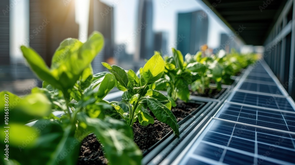 A modern urban rooftop garden filled with green plants and integrated solar panels, under sunlight with city skyscrapers in the backdrop, symbolizing sustainability in urban areas. A modern urban rooftop garden filled with green plants and integrated solar panels, under sunlight with city skyscrapers in the backdrop, symbolizing sustainability in urban areas.