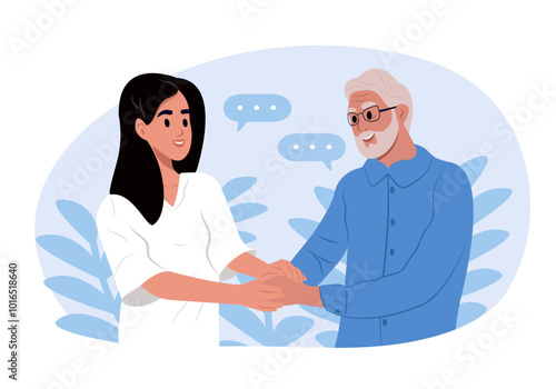 Long-term Care Awareness Month. Help and support for an elderly man. Disability, rehabilitation or healing. Pension, physiotherapy.