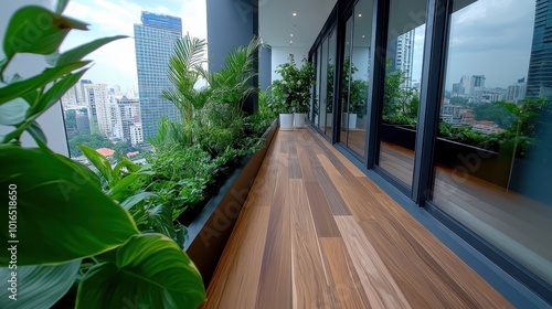 A sleek, modern balcony decorated with verdant plants overlooking a cityscape, featuring wooden flooring and glass doors accentuating urban living and greenery harmony. photo