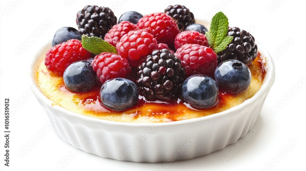 Elegant topped with a medley of fresh berries, isolated on a white background, emphasizing its creamy texture and vibrant colors. Perfect for dessert showcases. Elegant topped with a medley of fresh berries, isolated on a white background, emphasizing its creamy texture and vibrant colors. Perfect for dessert showcases.