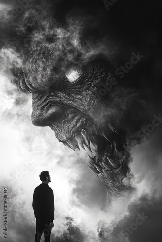 Wallpaper Mural A person standing bravely in front of a massive monster, perfect for adventure and sci-fi scenes. Torontodigital.ca