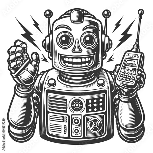 Happy joyful robot holding remote control sketch engraving generative ai fictional character vector illustration. Scratch board imitation. Black and white image.