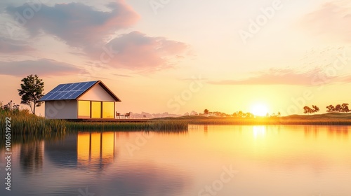 Tranquil Sunset Over a Modern Solar Home by Water