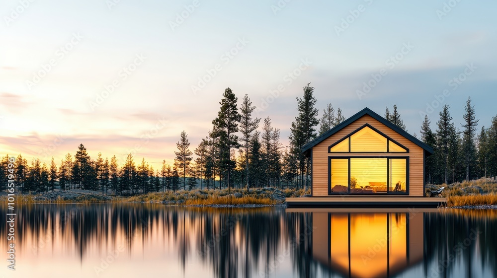 Fototapeta premium Tranquil Lake House at Sunset with Reflections