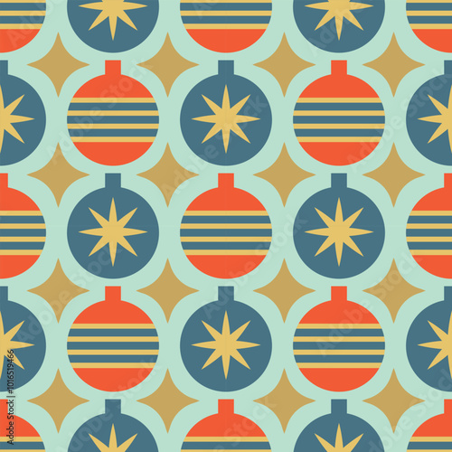 Christmas toys seamless pattern. Christmas balls and stars in retro style. Vector illustration for background, card, packaging, wrapping paper, fabric, cover, case