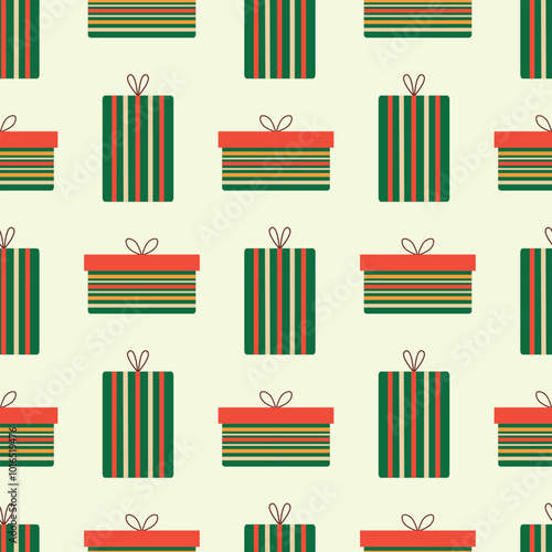 Christmas gift box seamless pattern. Striped rectangular boxes with bows on a light background. Vector illustration for card, packaging, wrapping paper, background.