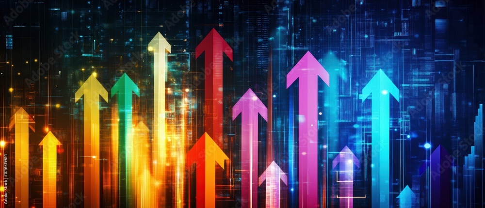 Colorful digital arrows representing growth and progress on a vibrant background. Colorful digital arrows representing growth and progress on a vibrant background.