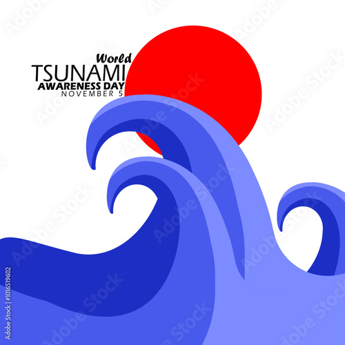 World Tsunami Awareness Day to celebrate on November 5th. Illustration of a tsunami and red sun on a white background.