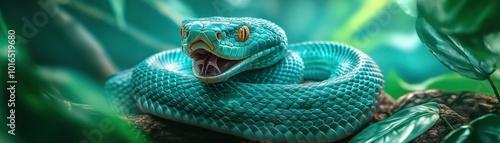 A Vibrant Blue Snake Coiled and Ready to Strike in the Lush Green Forest Its Scales Shimmer with an Eerie Glow, a Warning to Any Unwary Creature That Crosses Its Path The Snake's Intense Gaze and photo