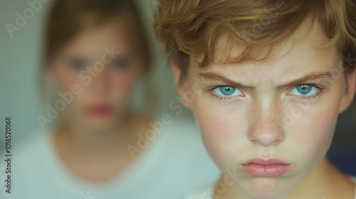 Emotionaler Ausdruck eines wütenden Teenager-Mädchens mit unscharfem Hintergrund – digitales Mediendesign photo