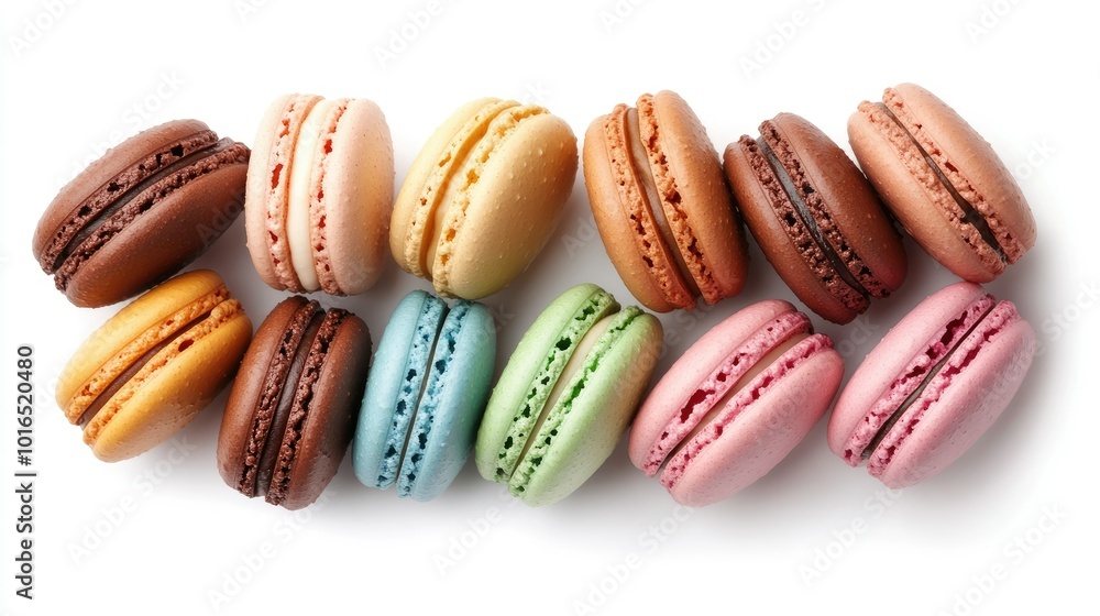 Sweet, colorful macarons filled with rich creams, isolated on white. Top view with a detailed focus on the texture and vibrant colors of each cookie. Clipping path. Sweet, colorful macarons filled with rich creams, isolated on white. Top view with a detailed focus on the texture and vibrant colors of each cookie. Clipping path.