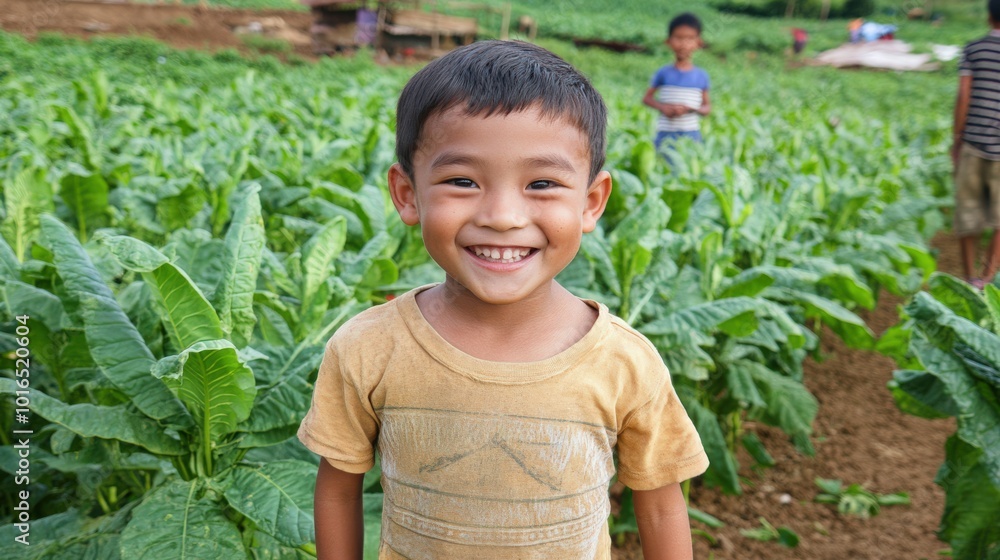 Fröhliches Kind in der üppigen grünen Landschaft von Burma - ideal für Reise- und Kulturpublikationen Fröhliches Kind in der üppigen grünen Landschaft von Burma - ideal für Reise- und Kulturpublikationen