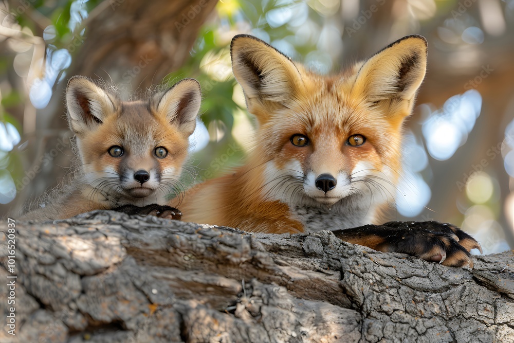 Fototapeta premium Mother and Kit Fox Relaxing on a Tree Branch in Natural Habitat