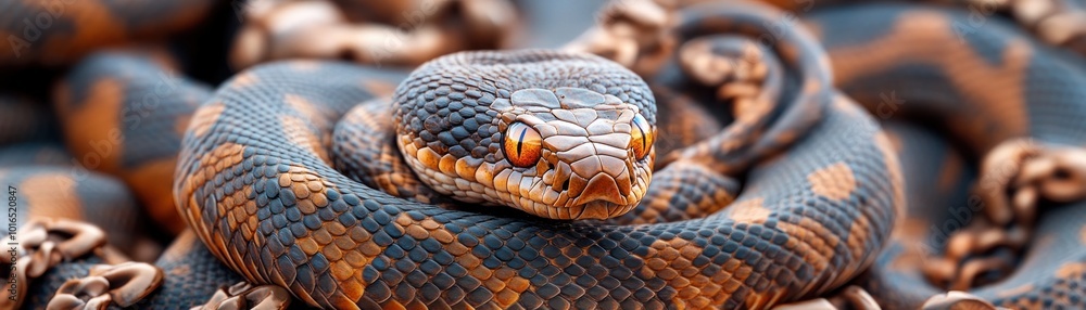 Close-up of a Coiled Snake with Sharp Scales and Venomous Eyes, Lying in Wait, A Striking Image of Nature's Predator Close-up of a Coiled Snake with Sharp Scales and Venomous Eyes, Lying in Wait, A Striking Image of Nature's Predator
