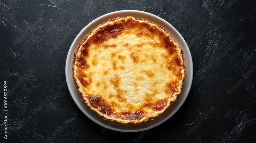 Top view of a rich casserole pie of cr cottage cheese cheesecake, presented against a dark backdrop. Ideal for capturing the dessert's luxurious appeal. Top view of a rich casserole pie of cr cottage cheese cheesecake, presented against a dark backdrop. Ideal for capturing the dessert's luxurious appeal.