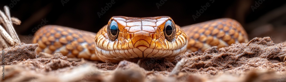 Fototapeta premium Close-Up of a Snake's Glistening Scales in the Night, Capturing its Sharp Eyes and Stealthy Movement