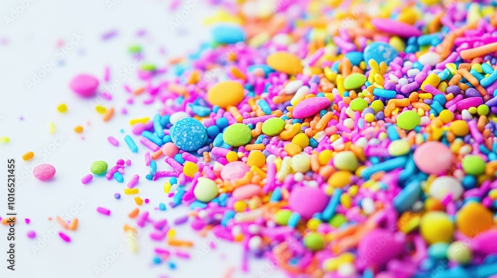 A close-up of a vibrant, colorful pile of candy sprinkles in different shapes and sizes scattered across a white background A close-up of a vibrant, colorful pile of candy sprinkles in different shapes and sizes scattered across a white background