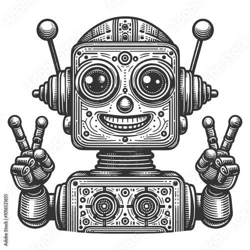 robot flashing peace signs with both hands, capturing a playful and vintage tech vibe sketch engraving generative ai vector illustration. Scratch board imitation. Black and white image.