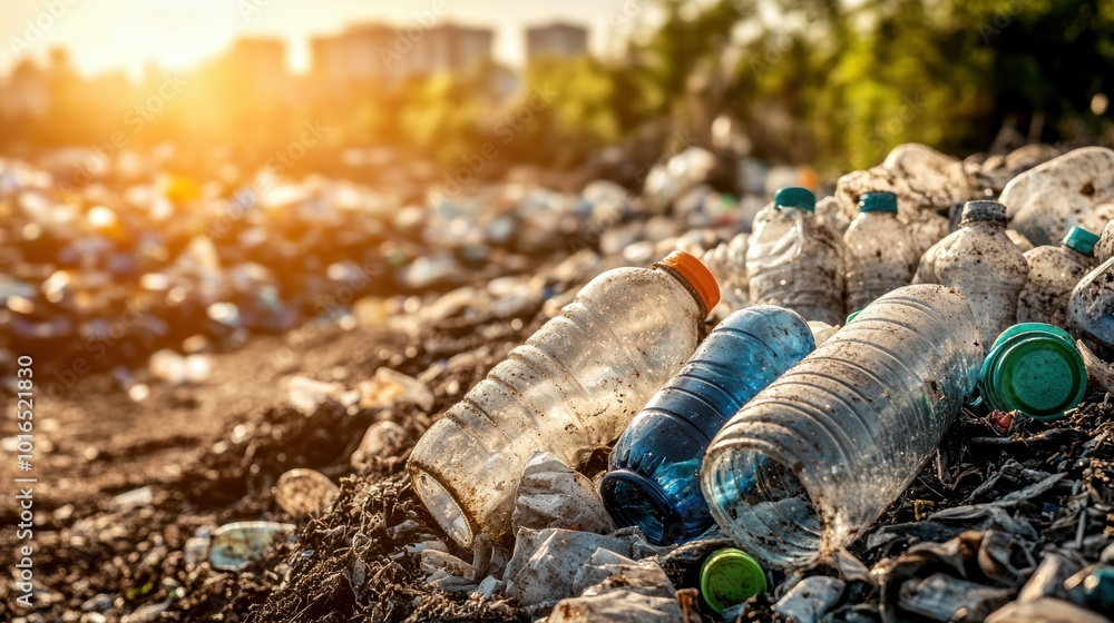 Obraz premium Plastic bottles littered on a waste site, highlighting the issue of pollution and environmental degradation.