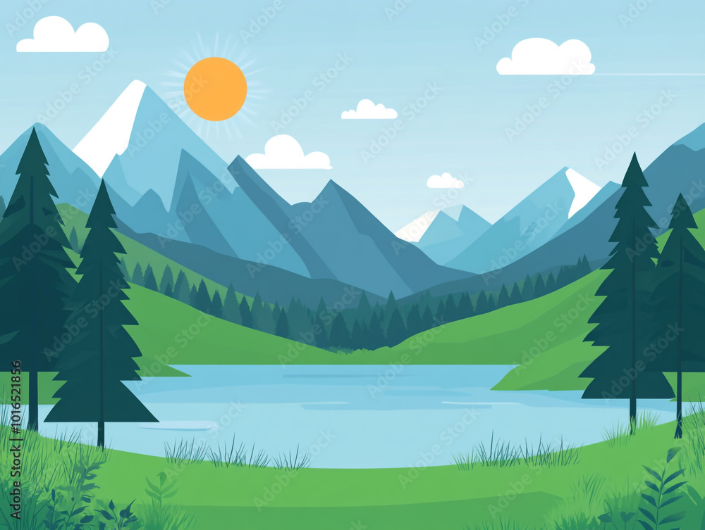 Fototapeta premium A flat vector illustration of green mountains, trees, and a lake with the sun in the sky. Simple shapes and a flat design style.