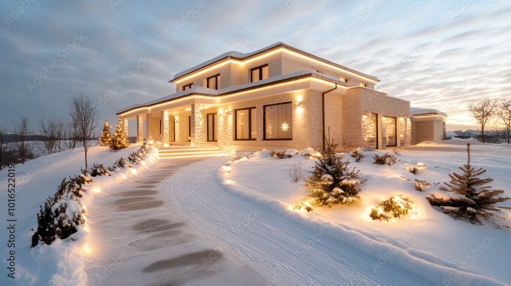 Enchanting Winter Wonderland Snow-Covered House with Christmas Lights Glowing at Night, Creating a Festive and Tranquil Atmosphere A Perfect Winter Holiday Scene Enchanting Winter Wonderland Snow-Covered House with Christmas Lights Glowing at Night, Creating a Festive and Tranquil Atmosphere A Perfect Winter Holiday Scene