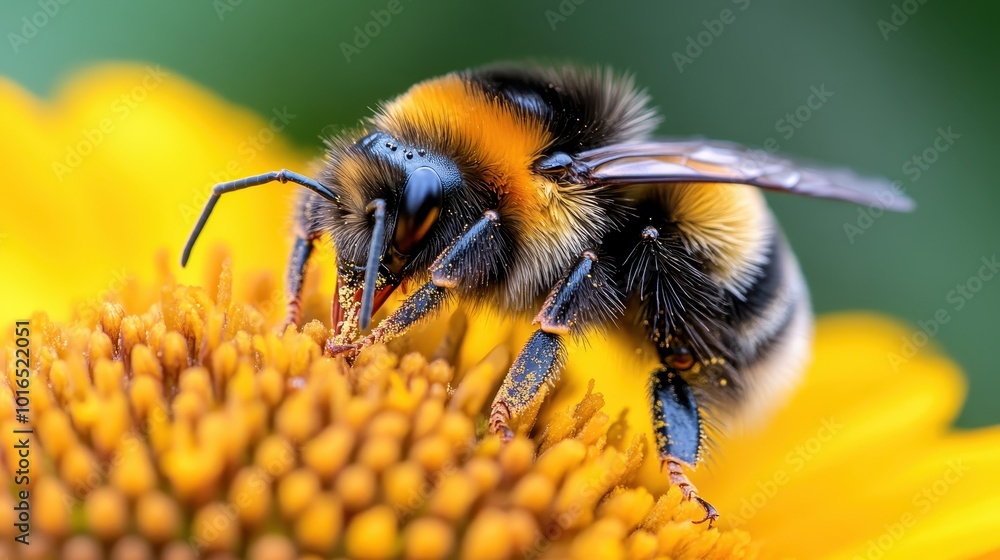 The image shows a detailed close-up of a bee pollinating a bright yellow flower, highlighting the intricate textures and vibrant colors of both bee and flower. The image shows a detailed close-up of a bee pollinating a bright yellow flower, highlighting the intricate textures and vibrant colors of both bee and flower.
