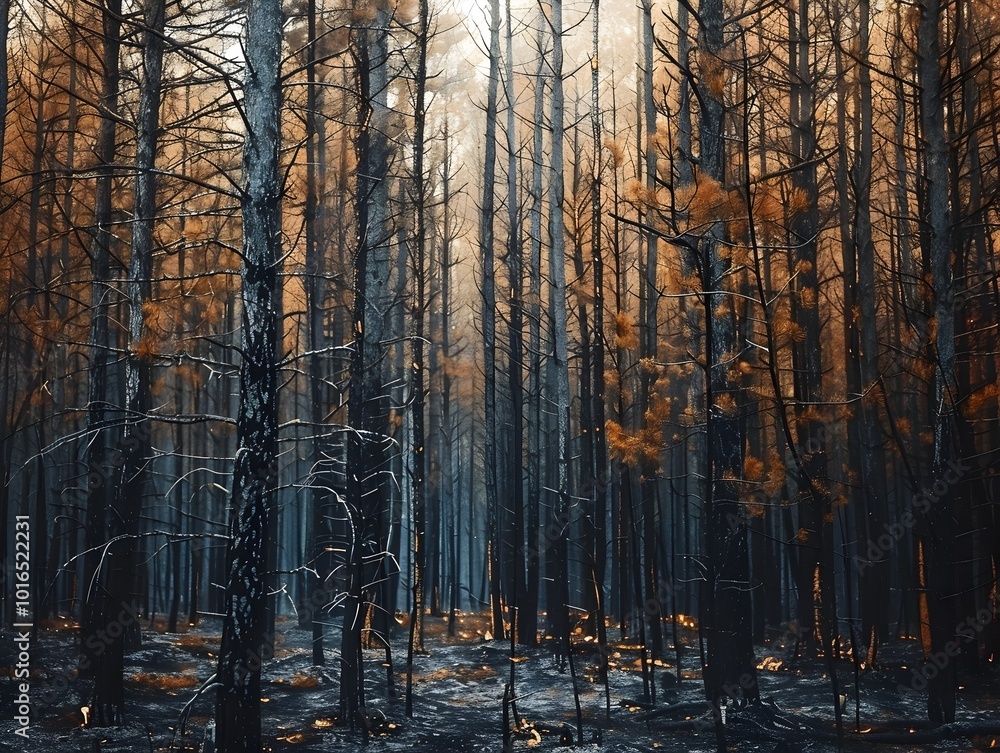 Dense Scorched Forest Scene Depicting Climate Change and Global Warming Impacts Dense Scorched Forest Scene Depicting Climate Change and Global Warming Impacts